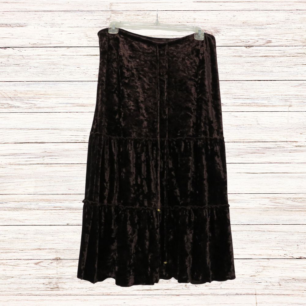 Mock Velvet Skirt Women M Brown Mid Calf Tiered Full Skirt Boho